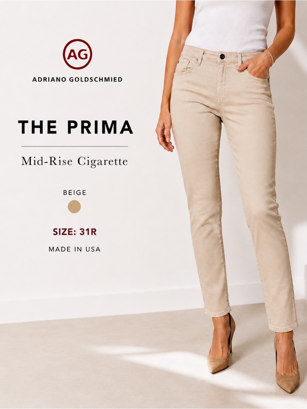 AG Adriano Goldschmied The Prima Mid-Rise Cigarette Jeans Beige 31 NWT Stretch